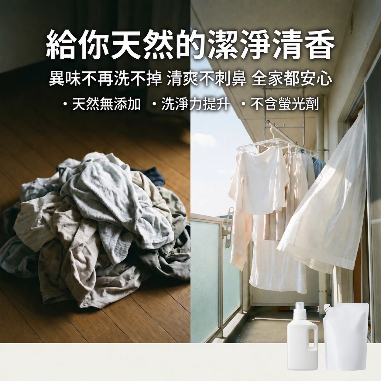 Laundry drying scene with unbranded white cleaning product packaging